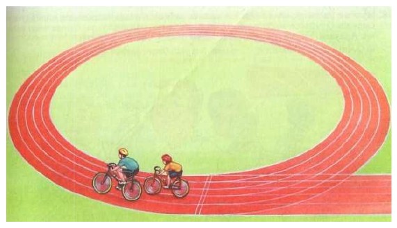 Ilustração de dois ciclistas em uma pista de atletismo oval.