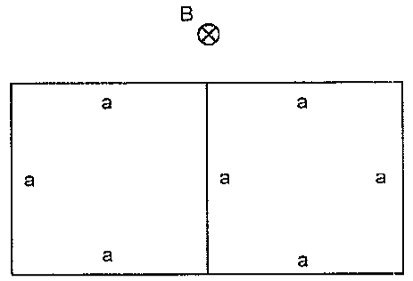 Circuito formado por dois quadrados de lado a lado a lado, com um segmento vertical comum no meio; todos os segmentos têm comprimento a. Campo B entrando no plano.