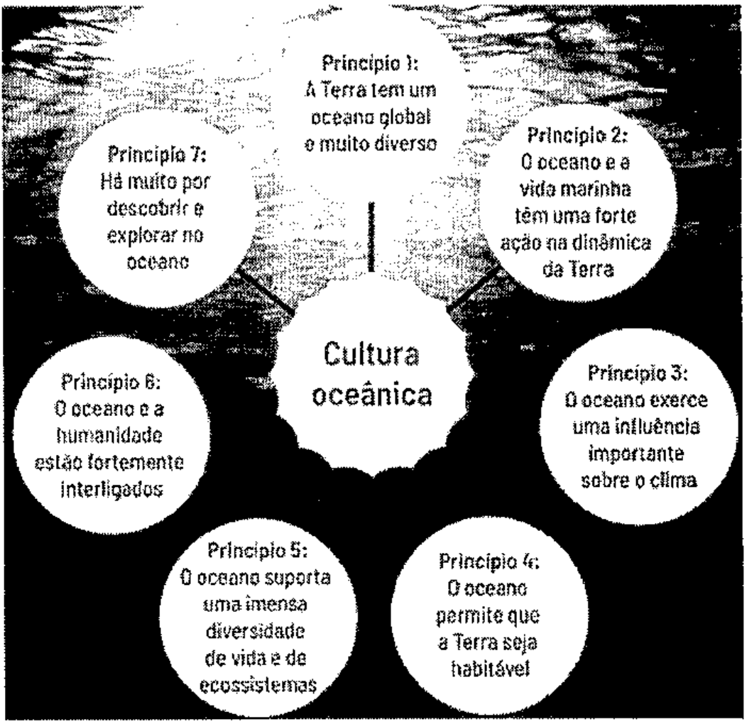 Infográfico 'Cultura oceânica' sobre fundo de ondas do mar, com sete círculos ao redor do centro: Princípio 1: A Terra tem um oceano global e muito diverso; Princípio 2: O oceano e a vida marinha têm uma forte ação na dinâmica da Terra; Princípio 3: O oceano exerce uma influência importante sobre o clima; Princípio 4: O oceano permite que a Terra seja habitável; Princípio 5: O oceano suporta uma imensa diversidade de vida e de ecossistemas; Princípio 6: O oceano e a humanidade estão fortemente interligados; Princípio 7: Há muito por descobrir e explorar no oceano.