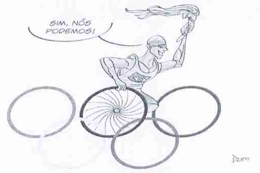 Charge assinada por Dum: atleta com prótese no braço erguendo uma tocha, cuja cadeira de rodas tem uma das rodas formando os anéis olímpicos; no balão de fala: “Sim, nós podemos!”.