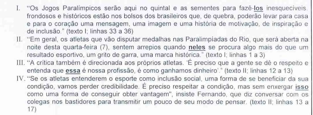 Reprodução dos excertos I a IV da questão 06 com os termos destacados em negrito e sublinhado: “los” (em fazê-los), “neles”, “essa” e “isso”.