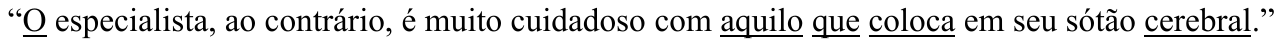 Período “O especialista, ao contrário, é muito cuidadoso com aquilo que coloca em seu sótão cerebral.” com “O”, “aquilo”, “que”, “coloca” e “cerebral” sublinhados.