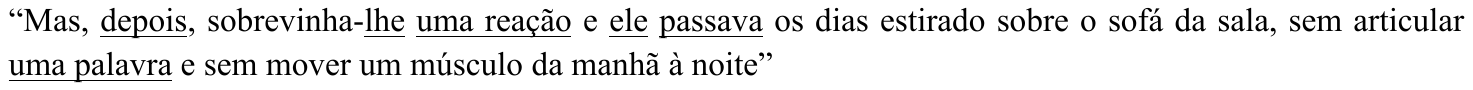 Fragmento “Mas, depois, sobrevinha-lhe uma reação e ele passava os dias estirado sobre o sofá da sala, sem articular uma palavra e sem mover um músculo da manhã à noite” com “depois”, “lhe”, “uma reação”, “ele”, “passava” e “uma palavra” sublinhados.
