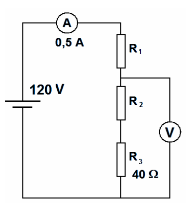 Circuito em série com fonte de 120 V, amperímetro indicando 0,5 A e resistores R1, R2 e R3 (40 Ω); o voltímetro V está ligado em paralelo com R2 e R3.