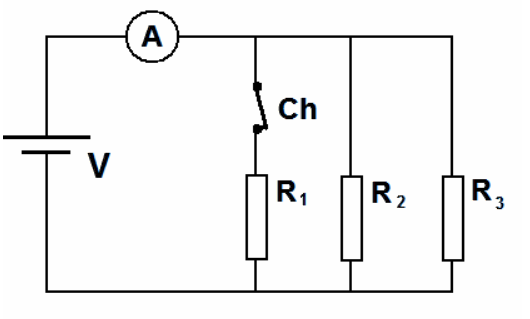 Circuito com fonte V e amperímetro A em série com três ramos em paralelo: R1 com a chave Ch em série, R2 e R3.