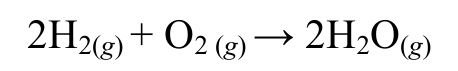 Equação química: 2 H2 gasoso mais O2 gasoso produz 2 H2O gasosa.