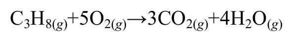 Equação química: C3H8 gasoso mais 5 O2 gasoso produz 3 CO2 gasoso mais 4 H2O gasosa.
