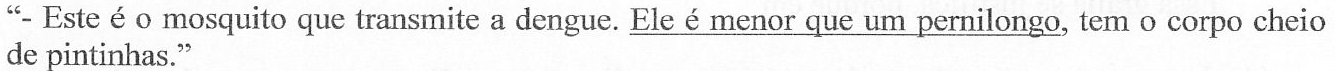 Trecho: “- Este é o mosquito que transmite a dengue. Ele é menor que um pernilongo, tem o corpo cheio de pintinhas.” O trecho “Ele é menor que um pernilongo” está sublinhado (grifado).