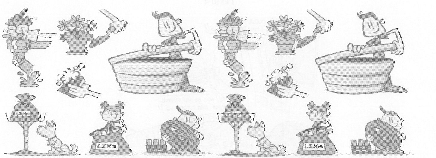 Ilustração com personagens realizando ações de limpeza e prevenção: esvaziando vasos de plantas, esfregando objetos, virando um grande tanque, recolhendo lixo e carregando um pneu; a sequência de figuras aparece duas vezes.