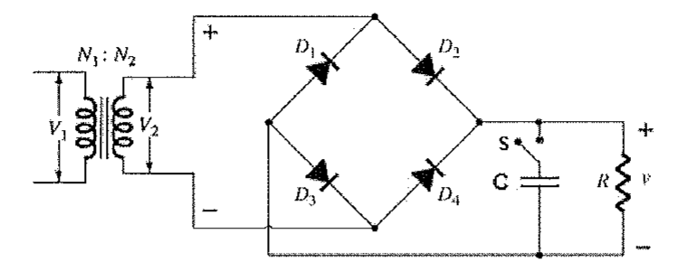 Fonte de alimentação com transformador N1:N2 (V1 no primário, V2 no secundário), ponte retificadora com diodos D1 a D4, capacitor C ligado por meio da chave S em paralelo com a carga R e tensão de saída v.