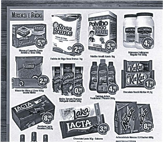 Encarte de ofertas de supermercado, seção “Mercearia e Bebidas”, com produtos e preços: massa p/ lasanha Santa Amália c/ ovos 500 g, 5,99; farinha de trigo Rosa Branca 1 kg, 2,49; polvilho Amafil azedo 1 kg, 5,99; maionese Hellmann's regular pet 500 g, 4,79; macarrão Vilma c/ ovos 500 g exceto ninho, 2,49; molho de tomate Pramesa refogado sachet 340 g, 0,99; catchup Arisco tradicional/picante 390 g, 4,49; chocolate Nestlé Kit Kat 41,5 g, 1,99; bombom Lacta Favoritos 250,6 g, 8,99; chocolate Lacta 90 g – sabores, 3,99; achocolatado Nescau 2.0 sachet 800 g, 8,99.