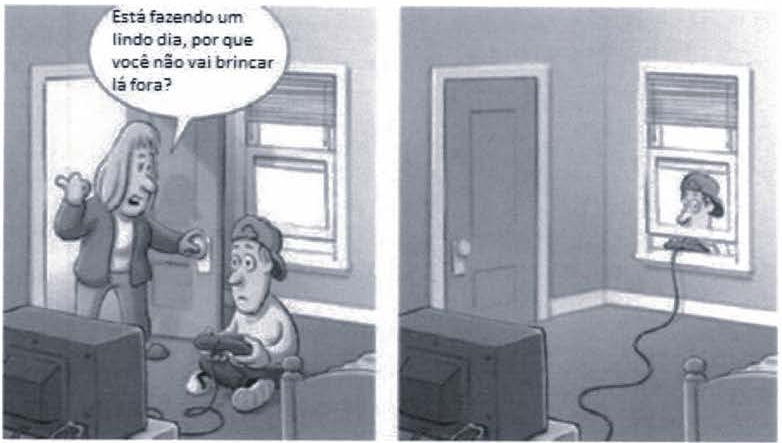 Tirinha em dois quadros. No primeiro, uma mulher aponta para fora e diz a um menino que joga videogame sentado no chão: “Está fazendo um lindo dia, por que você não vai brincar lá fora?”. No segundo, o quarto está vazio e o fio do controle do videogame sai pela janela, onde se vê o menino do lado de fora, ainda jogando.