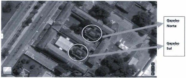 Imagem aérea de satélite do Colégio Militar de Belém com dois gazebos circulados, indicados por setas com as legendas “Gazebo Norte” e “Gazebo Sul”.