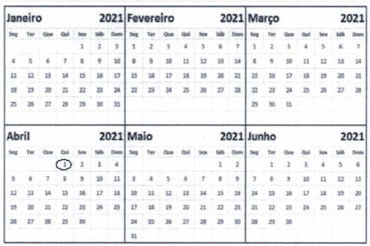 Calendário de janeiro a junho de 2021, com a semana iniciando na segunda-feira; o dia 1º de abril de 2021 (quinta-feira) está circulado.