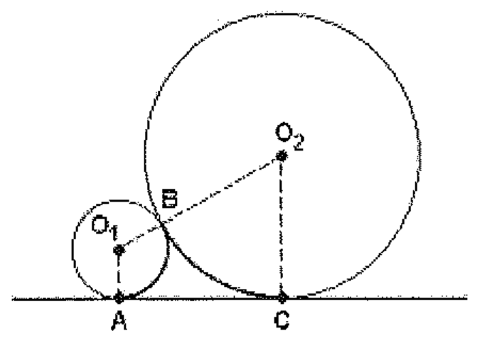 Circunferência menor de centro O1 e circunferência maior de centro O2, tangentes entre si no ponto B e apoiadas sobre uma reta horizontal nos pontos A e C.
