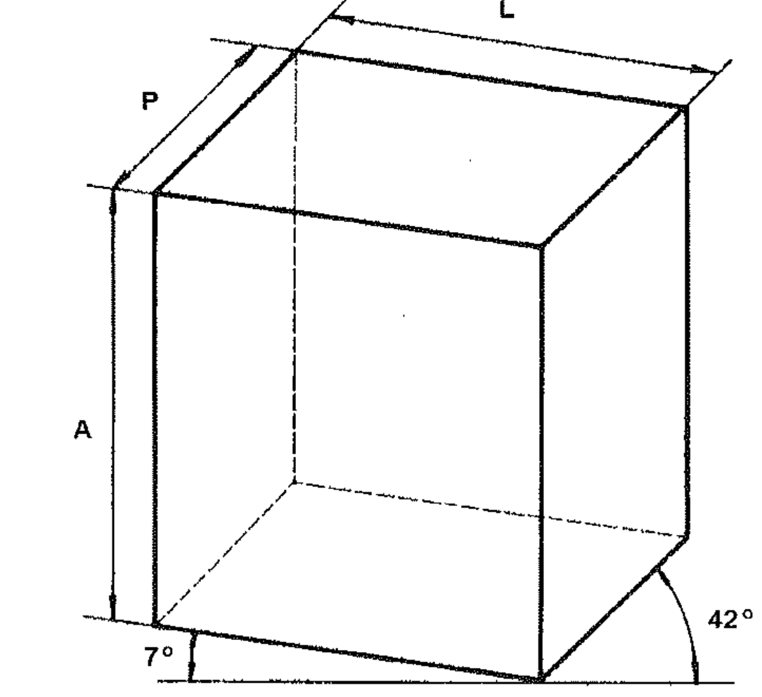Paralelepípedo em perspectiva bimétrica com largura L, altura A e profundidade P cotadas; arestas inclinadas a 7° e 42° em relação à horizontal.