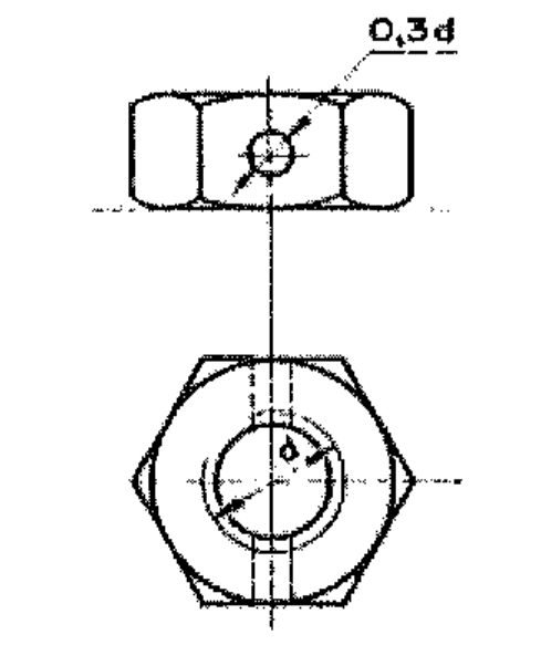 Porca sextavada em duas vistas, com furo transversal cotado como 0,3d.