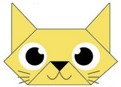 Desenho plano, amarelo, de um origami de rosto de gato visto de frente: duas orelhas triangulares no alto, cabeça com contorno poligonal, dois olhos circulares brancos com pupilas pretas, nariz triangular preto, boca em traço curvo e bigodes em linhas finas.