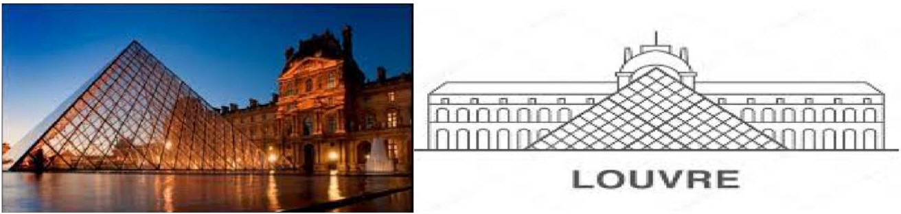 À esquerda, fotografia noturna da pirâmide de vidro do Museu do Louvre, em Paris, diante do palácio iluminado; à direita, desenho em linhas do palácio com a pirâmide quadriculada à frente e a palavra “LOUVRE”.