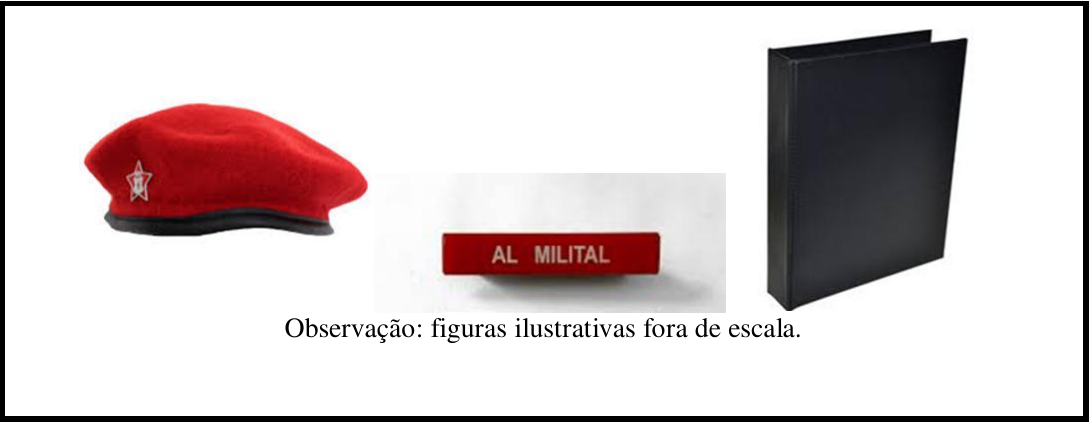 Quadro com três fotografias: uma boina vermelha com distintivo, uma plaqueta de identificação vermelha com a inscrição “AL MILITAL” e um fichário preto em pé. Abaixo, dentro do quadro: “Observação: figuras ilustrativas fora de escala.”