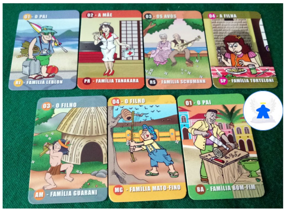 Fotografia de sete cartas ilustradas do jogo Sete Famílias, com títulos como “01 – O Pai”, “02 – A Mãe”, “03 – Os Avós”, “04 – A Filha”, “03 – O Filho” e nomes de famílias como Família Leblon, Família Tanakara, Família Schumann, Família Tortelini, Família Guarani, Família Mato-Fino e Família Bom-Fim.