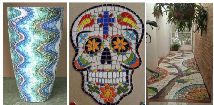 Três fotografias de mosaicos: um vaso com ondas em tons de azul e verde, uma caveira decorada com peças coloridas e um piso de corredor com desenhos em mosaico.