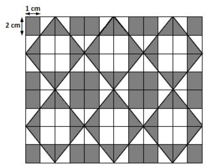 Malha retangular de 12 colunas por 8 linhas de retângulos, cada um com 1 cm de largura e 2 cm de altura (indicados na figura), formando um mosaico com regiões em cinza: retângulos inteiros e triângulos delimitados por linhas diagonais que formam losangos.