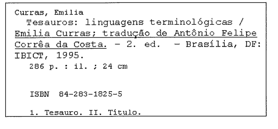 Ficha catalográfica: Curras, Emilia. Tesauros: linguagens terminológicas / Emilia Curras; tradução de Antônio Felipe Corrêa da Costa. - 2. ed. - Brasília, DF: IBICT, 1995. 286 p. : il. ; 24 cm. ISBN 84-283-1825-5. 1. Tesauro. II. Título. O trecho de "Emilia Curras" até "Corrêa da Costa." aparece sublinhado.