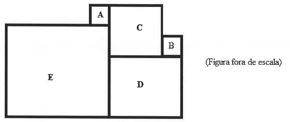 Cinco quadrados justapostos: o quadrado grande E à esquerda; à direita dele, o quadrado D embaixo e o quadrado C em cima; o pequeno quadrado A está sobre E, encostado à esquerda de C; o pequeno quadrado B está sobre D, encostado à direita de C. Legenda: Figura fora de escala.