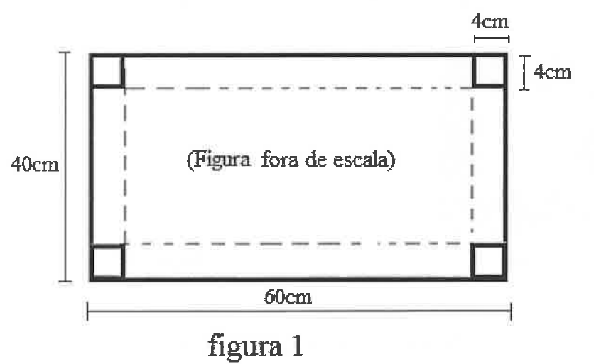 Figura 1: retângulo de 60 cm por 40 cm com quadrados de 4 cm de lado marcados nos quatro cantos e linhas pontilhadas ligando os quadrados. Legenda: Figura fora de escala.