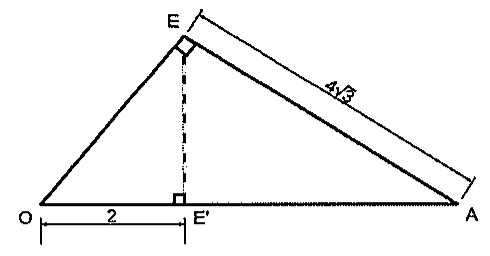 Triângulo OEA com ângulo reto em E; altura tracejada de E até E' sobre o lado OA, com ângulo reto em E'; medida OE' = 2 e lado EA = 4√3.