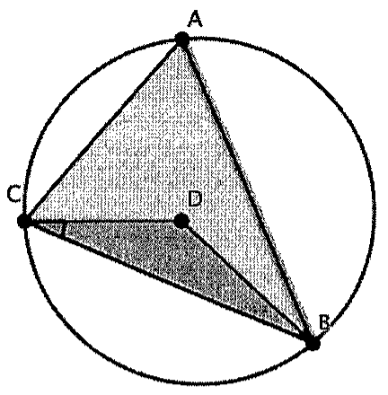 Circunferência de centro D com triângulo ABC inscrito; o centro D está ligado aos vértices C e B, formando o triângulo CDB sombreado.