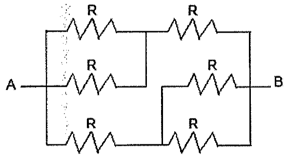 Circuito entre os terminais A e B com seis resistores iguais de resistência R, dispostos em três linhas horizontais com ligações verticais entre elas.