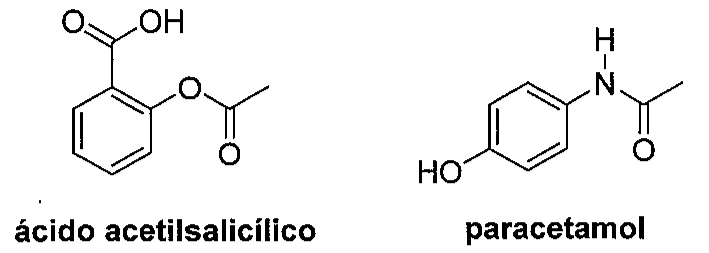 Fórmulas estruturais em linhas: ácido acetilsalicílico (anel benzênico com grupo COOH e grupo O-C(=O)-CH3 em posições vizinhas) e paracetamol (anel benzênico com OH e, na posição oposta, grupo NH-C(=O)-CH3).