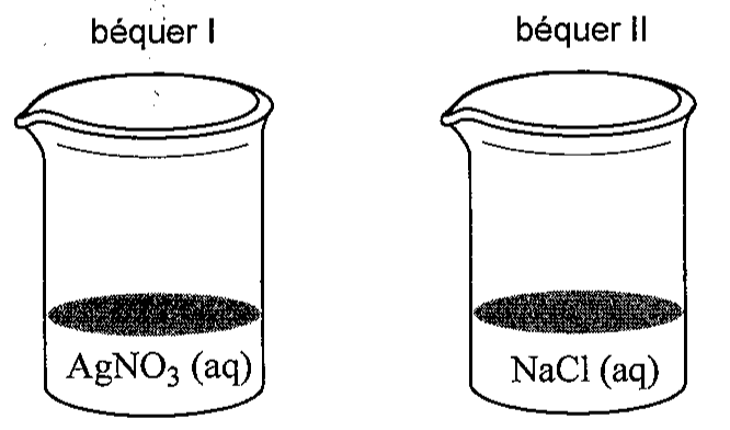 Dois béqueres: béquer I contendo AgNO3 (aq) e béquer II contendo NaCl (aq).