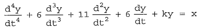 Equação diferencial: d⁴y/dt⁴ + 6 d³y/dt³ + 11 d²y/dt² + 6 dy/dt + ky = x.