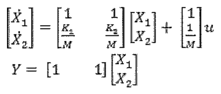 Representação em espaço de estados na forma Ẋ = (matriz 2x2) X + (vetor coluna) u, com equação de saída Y = [1 1] X; coeficientes conforme a figura da opção (A).