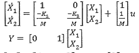 Representação em espaço de estados na forma Ẋ = (matriz 2x2) X + (vetor coluna) u, com equação de saída Y = [0 1] X; coeficientes conforme a figura da opção (B).