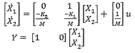 Representação em espaço de estados na forma Ẋ = (matriz 2x2) X + (vetor coluna) u, com equação de saída Y = [1 0] X; coeficientes conforme a figura da opção (E).