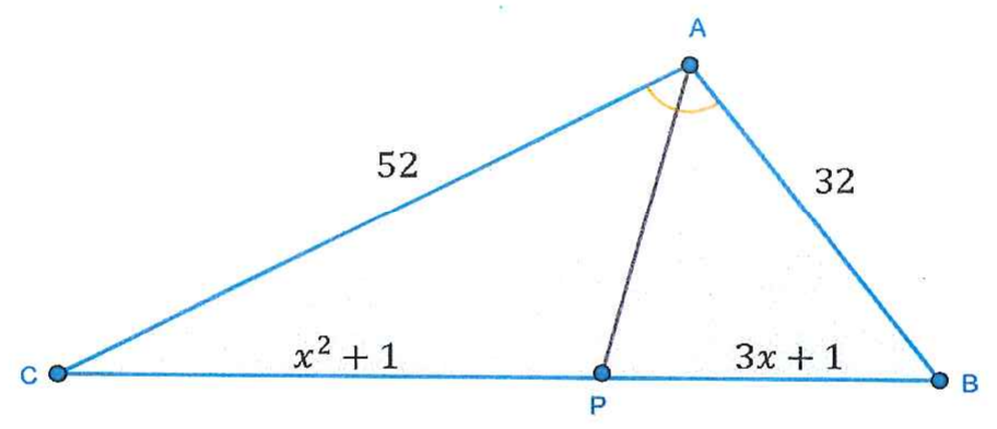 Figura: triângulo ABC com o lado CB na horizontal e o vértice A acima. AC mede 52 e AB mede 32. O segmento AP, com P em CB, divide o ângulo em A (arco indicado). CP mede x² + 1 e PB mede 3x + 1.