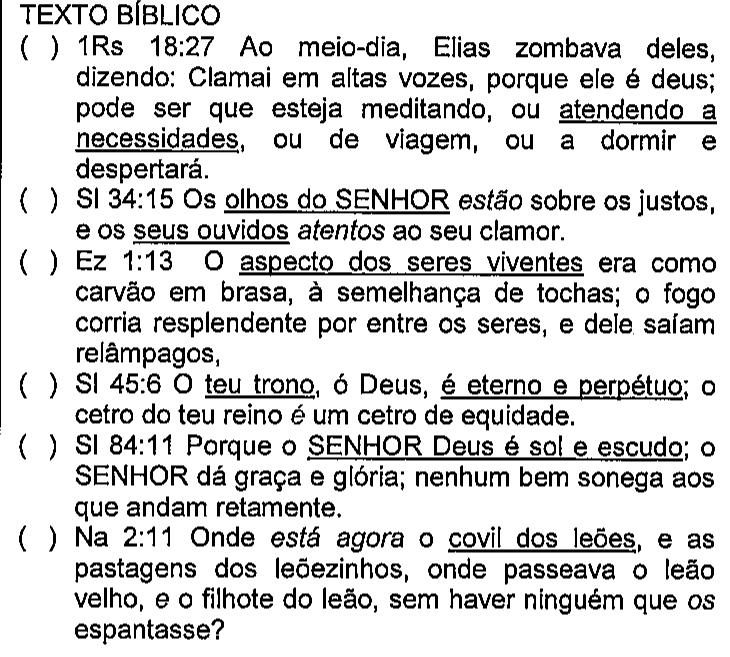 Bloco 'TEXTO BÍBLICO' com seis versículos (1Rs 18:27, Sl 34:15, Ez 1:13, Sl 45:6, Sl 84:11 e Na 2:11), cada um precedido de parênteses para correlação e com termos sublinhados a serem classificados.