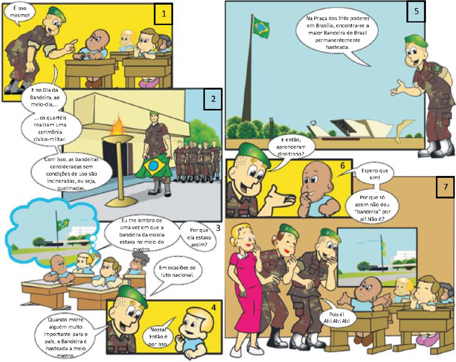 Quadrinhos (Q1 a Q7) com o Recrutinha, militar de boina verde, e alunos. Q1: Recrutinha aponta para um aluno: É isso mesmo! / E no Dia da Bandeira, ao meio-dia,... Q2: militar com a Bandeira diante de uma pira: ...os quartéis realizam uma cerimônia cívico-militar. / Com isso, as bandeiras consideradas sem condições de uso são incineradas, ou seja, queimadas. Q3: uma aluna pensa numa bandeira a meio mastro: Eu me lembro de uma vez em que a bandeira da escola estava no meio do mastro. / Por que ela estava assim? / Em ocasiões de luto nacional. Q4: Quando morre alguém muito importante para o país, a Bandeira é hasteada a meio mastro. / Nossa! Então é por isso. Q5: Recrutinha diante de um grande mastro com a Bandeira: Na Praça dos Três poderes em Brasília, encontra-se a maior Bandeira do Brasil permanentemente hasteada. Q6: E então, aprenderam direitinho? / Espero que sim! / Por que só assim não dou “bandeira” por aí! Não é? Q7: todos riem: Pois é! Ah! Ah! Ah!
