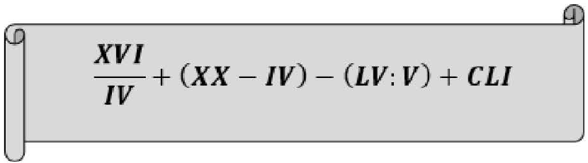 Pergaminho com a expressão: XVI dividido por IV, mais (XX − IV), menos (LV : V), mais CLI.