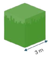 Cubo verde com aresta indicada de 3 m.