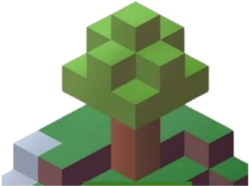 Árvore do jogo Minecraft cuja copa é formada por cubos verdes em três camadas.