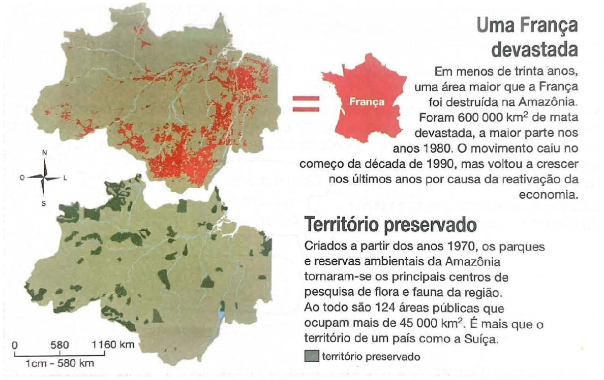 Dois mapas da Amazônia. O primeiro mostra em vermelho as regiões devastadas, ao lado do mapa da França e do texto: Uma França devastada. Em menos de trinta anos, uma área maior que a França foi destruída na Amazônia. Foram 600 000 km² de mata devastada, a maior parte nos anos 1980. O movimento caiu no começo da década de 1990, mas voltou a crescer nos últimos anos por causa da reativação da economia. O segundo mostra em verde-escuro o território preservado, com o texto: Território preservado. Criados a partir dos anos 1970, os parques e reservas ambientais da Amazônia tornaram-se os principais centros de pesquisa de flora e fauna da região. Ao todo são 124 áreas públicas que ocupam mais de 45 000 km². É mais que o território de um país como a Suíça. Escala: 0, 580, 1160 km; 1 cm − 580 km.