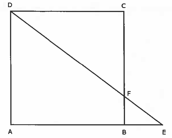 Quadrado ABCD com D e C no alto e A e B embaixo. Segmento parte de D, corta o lado BC no ponto F e termina no ponto E, no prolongamento do lado AB à direita de B.