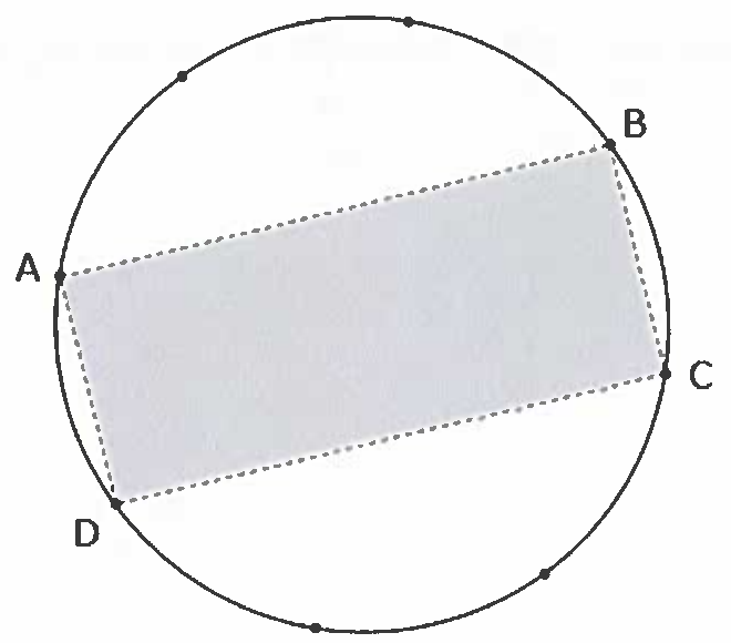 Circunferência com 8 pontos igualmente espaçados; quatro deles, A, B, C e D, são vértices de um retângulo cinza inclinado, com lados AB e DC mais longos que BC e AD.