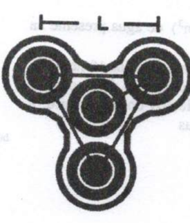 Desenho do spinner visto de cima: quatro círculos, três nas extremidades e um no centro, com os centros dos três círculos externos ligados formando um triângulo; acima, uma cota indica o lado L.