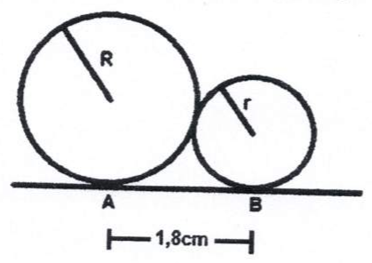 Dois círculos tangentes entre si apoiados sobre uma reta: o maior, de raio R, toca a reta no ponto A; o menor, de raio r, toca a reta no ponto B. Abaixo, a cota AB indica 1,8cm.
